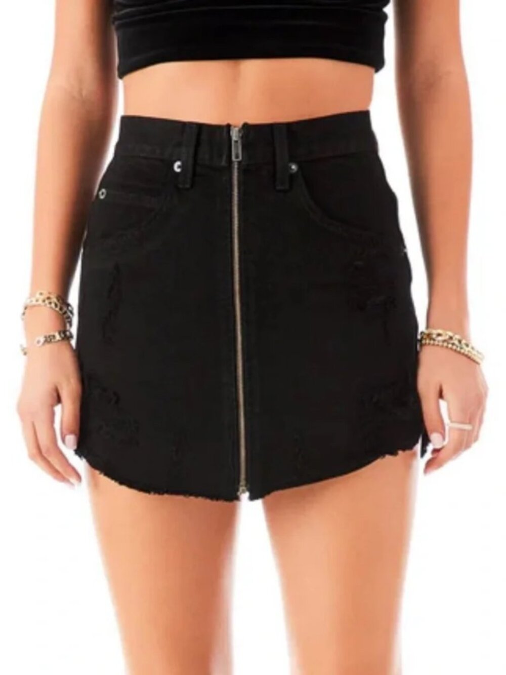 Carmar Los Angeles Black Distressed Zip Front Denim Mini Skirt Size 26